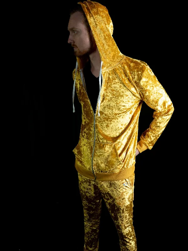 Gold Unisex Crushed Velvet Zip-Up Hoodie Hoodie with Mock Neck Collared Structured