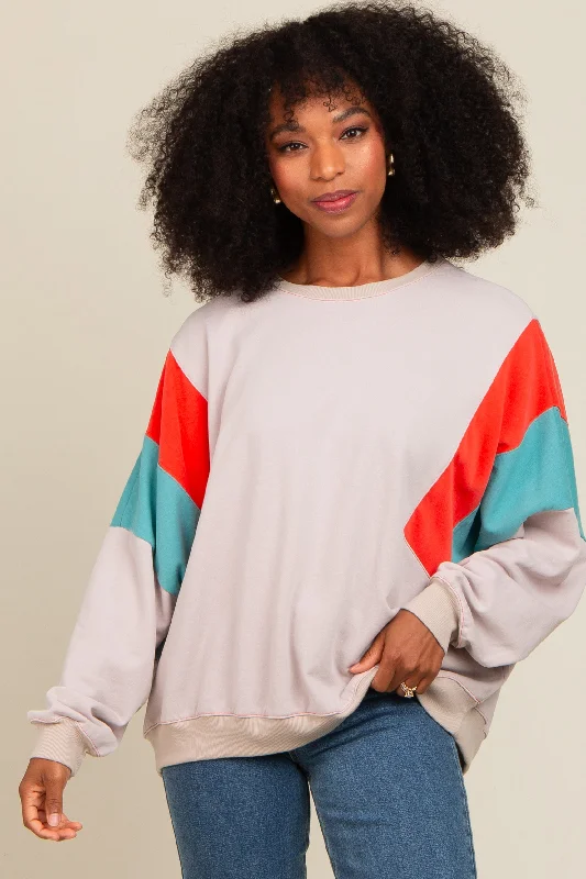 Grey Colorblock Dolman Sleeve Sweatshirt Hoodie with Embroidery Detailed Premium