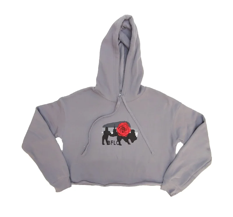 Grey Cropped Rose Hoodie Hoodie with Elastic Waist Stretchable Comfortable