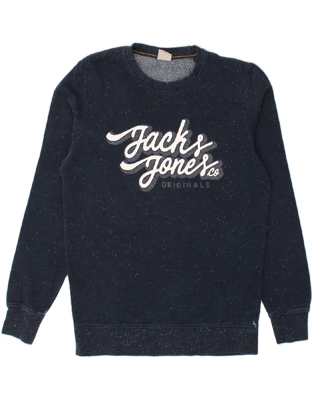 JACK & JONES Mens Graphic Sweatshirt Jumper Medium Navy Blue Flecked Hoodie with Ribbed Cuffs Snug Fit Comfort