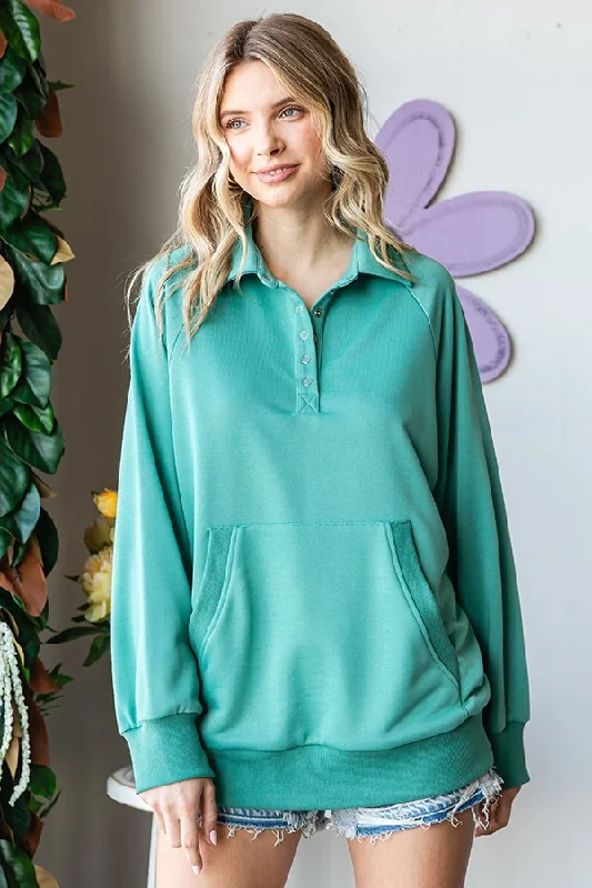 Jade Collared Snap Button Pullover Hoodie with Hem Fringe Bohemian Relaxed
