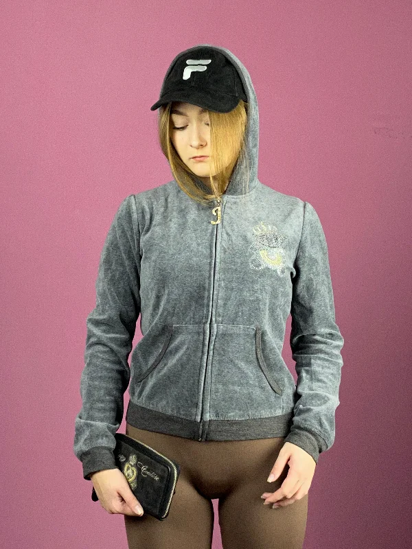 Juicy Couture Y2K Vintage Women's Velour Zip Hoodie - S Gray Cotton Blend Hoodie with Illustration Artistic Creative Juicy Couture Y2K Vintage Women's Velour Zip Hoodie - S Gray Cotton Blend Hoodie with Illustration Artistic Creative