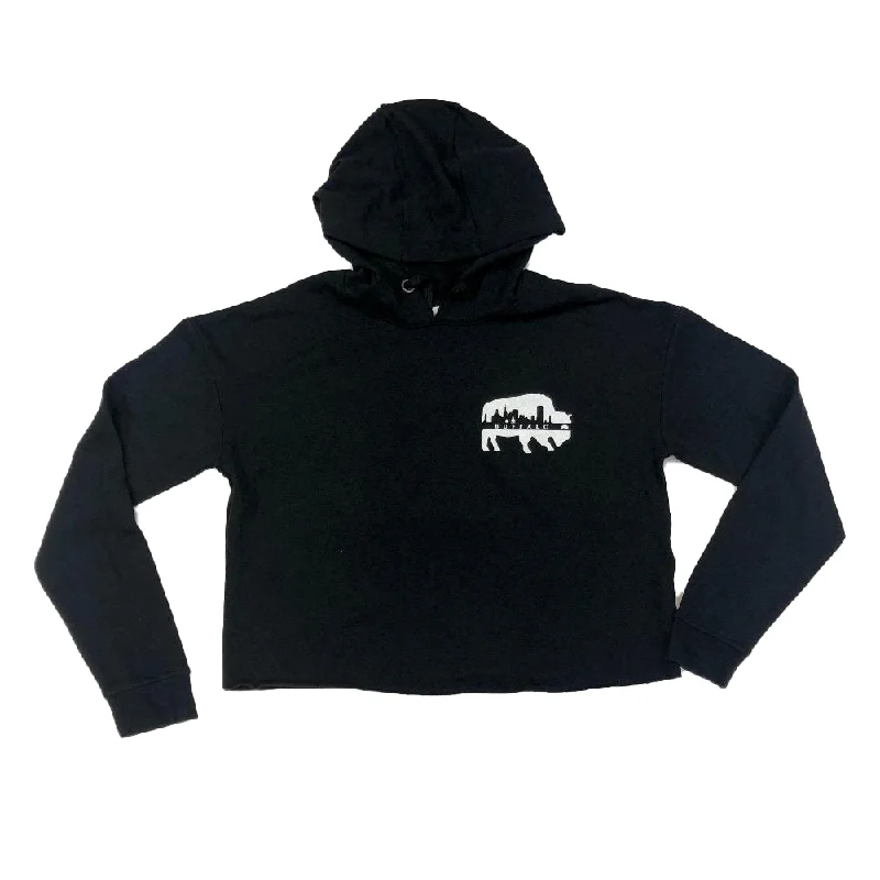 Ladies Black Fleece Cropped BFLO Hoodie Hoodie with Velcro Closure Adjustable Secure Ladies Black Fleece Cropped BFLO Hoodie Hoodie with Velcro Closure Adjustable Secure