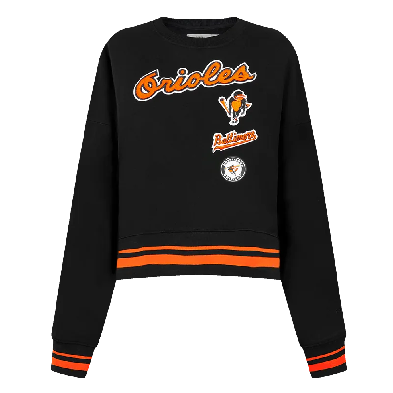 MLB BALTIMORE ORIOLES RETRO CLASSIC WOMEN'S RIB CREWNECK (BLACK/ORANGE) Hoodie with Snap Buttons Easy Quick