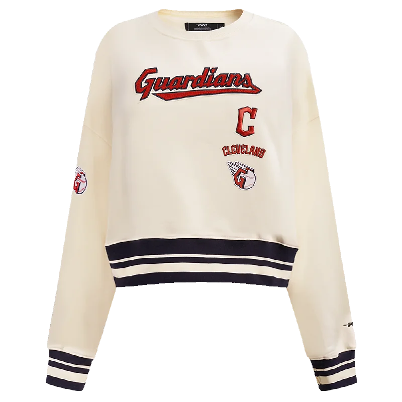 MLB CLEVELAND GUARDIANS RETRO CLASSIC WOMEN'S CREWNECK (EGGSHELL/ MIDNIGHT NAVY) Hoodie with Frayed Bohemian Relaxed MLB CLEVELAND GUARDIANS RETRO CLASSIC WOMEN'S CREWNECK (EGGSHELL/ MIDNIGHT NAVY) Hoodie with Frayed Bohemian Relaxed