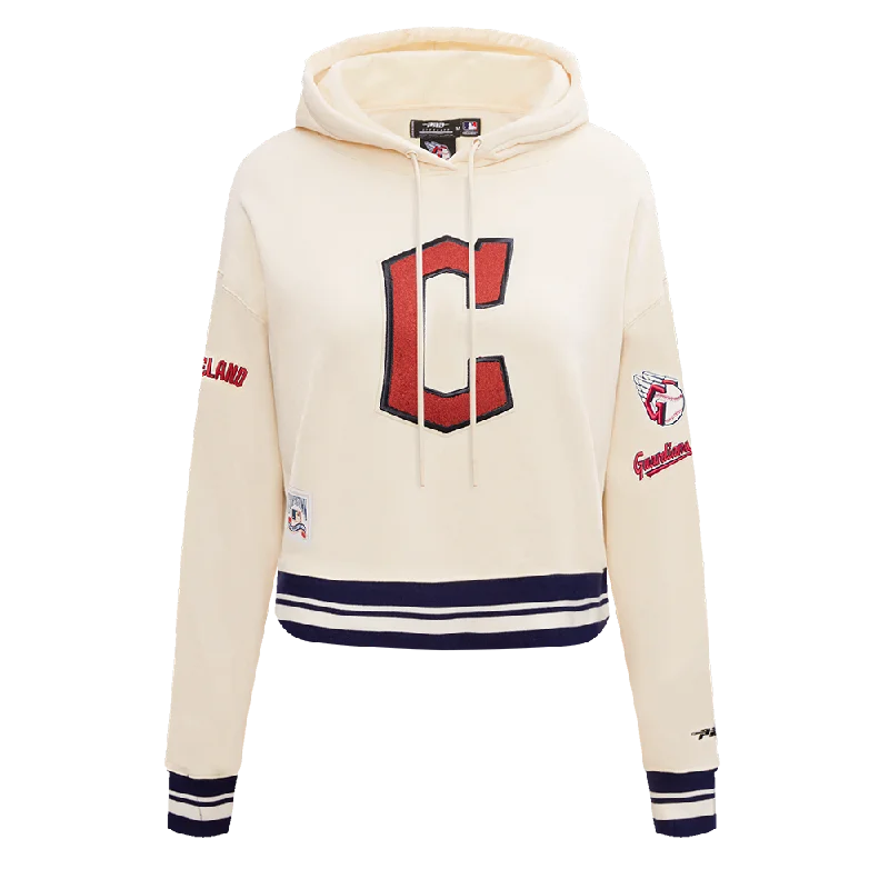 MLB CLEVELAND GUARDIANS RETRO CLASSIC WOMEN'S CROPPED PO HOODIE (EGGSHELL/ MIDNIGHT NAVY) Hoodie with Applique Textured Unique MLB CLEVELAND GUARDIANS RETRO CLASSIC WOMEN'S CROPPED PO HOODIE (EGGSHELL/ MIDNIGHT NAVY) Hoodie with Applique Textured Unique