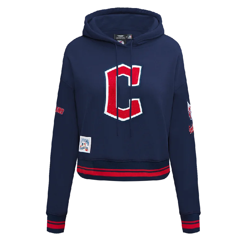MLB CLEVELAND GUARDIANS RETRO CLASSIC WOMEN'S CROPPED PO HOODIE (MIDNIGHT NAVY/RED/MIDNIGHT NAVY) Hoodie with Relaxed Fit Easy Casual