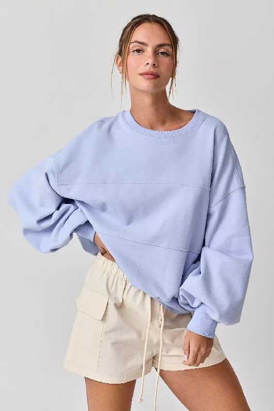 Light Blue Long Sleeve Crewneck Hoodie with Thumb Holes Functional Cozy