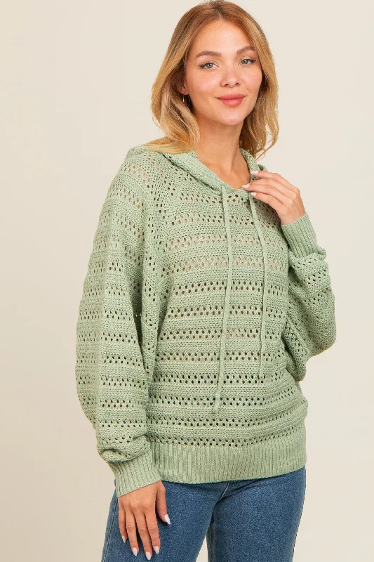 Light Olive Pointelle Knit Sweater Hoodie with Relaxed Fit Easy Casual
