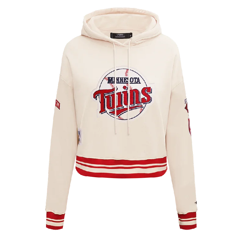 MLB MINNESOTA TWINS RETRO CLASSIC WOMEN'S RIB CROPPED PO HOODIE (EGGSHELL/ RED) Hoodie with Puffed Sleeves Voluminous Trendy
