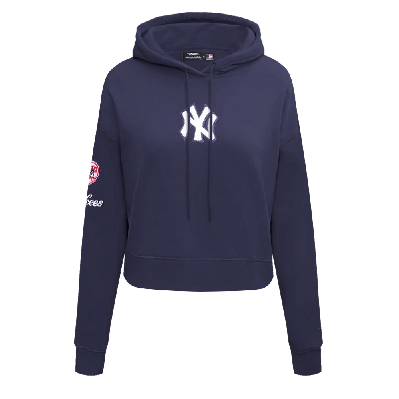 MLB NEW YORK YANKEES CLASSIC WOMEN'S CROPPED PO HOODIE (MIDNIGHT NAVY) Hoodie with Front Slit Layering Stylish MLB NEW YORK YANKEES CLASSIC WOMEN'S CROPPED PO HOODIE (MIDNIGHT NAVY) Hoodie with Front Slit Layering Stylish