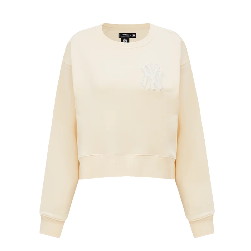 MLB NEW YORK YANKEES NEUTRAL WOMEN'S CREWNECK (EGGSHELL) Hoodie with Hem Raw Edge Edgy Unfinished MLB NEW YORK YANKEES NEUTRAL WOMEN'S CREWNECK (EGGSHELL) Hoodie with Hem Raw Edge Edgy Unfinished
