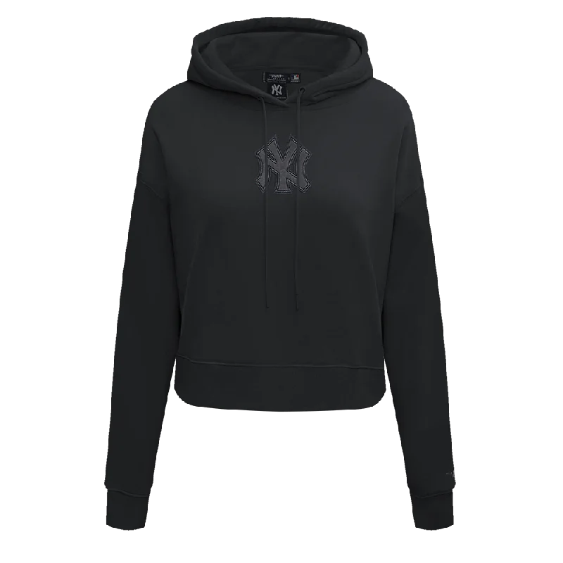 MLB NEW YORK YANKEES NEUTRAL WOMEN'S CROPPED PO HOODIE (BLACK) Hoodie with Hem Patch Decorative Personalized MLB NEW YORK YANKEES NEUTRAL WOMEN'S CROPPED PO HOODIE (BLACK) Hoodie with Hem Patch Decorative Personalized