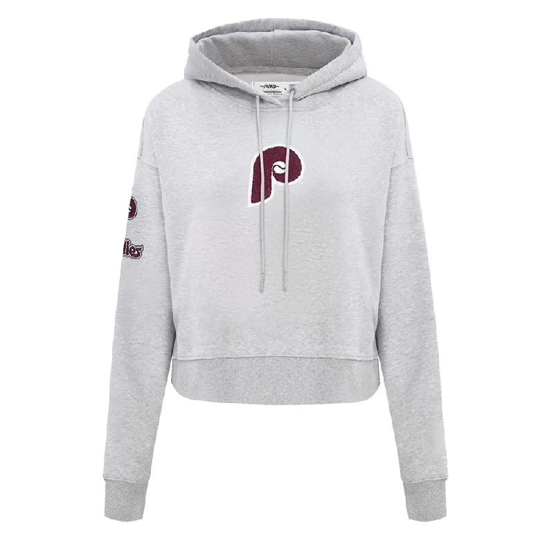 MLB PHILADELPHIA PHILLIES RETRO CLASSIC WOMEN'S CROPPED PO HOODIE (HEATHER GREY) Hoodie with Typography Text Message MLB PHILADELPHIA PHILLIES RETRO CLASSIC WOMEN'S CROPPED PO HOODIE (HEATHER GREY) Hoodie with Typography Text Message