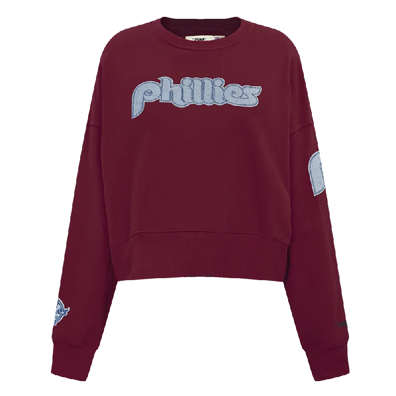 MLB PHILADELPHIA PHILLIES VARSITY BLUES WOMEN'S CREWNECK (WINE) Hoodie with Tied Waist Feminine Flattering MLB PHILADELPHIA PHILLIES VARSITY BLUES WOMEN'S CREWNECK (WINE) Hoodie with Tied Waist Feminine Flattering