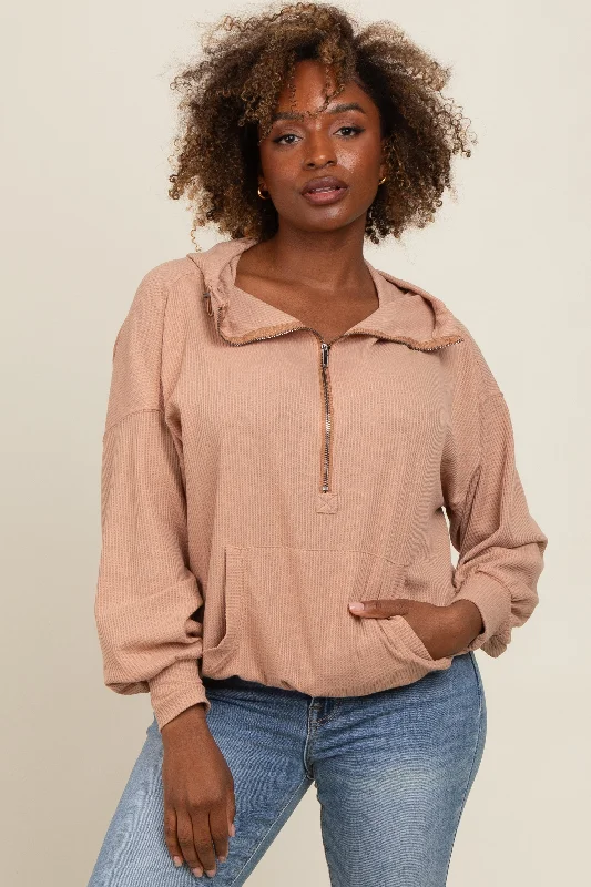 Mocha Waffle Knit Half Zip Relaxed Fit Hoodie Hoodie with Double Zipper Versatile Adjustable