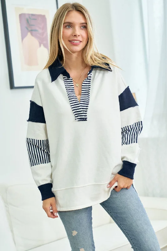 Navy Colorblock Stripe Collared Sweater Hoodie with Zipper Versatile Modern