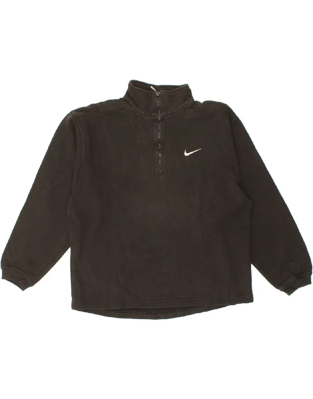 NIKE Womens Oversized Zip Neck Sweatshirt Jumper US 8/10 Medium Black Hoodie with Hem Fringe Bohemian Relaxed