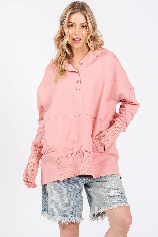 Pink Button Front Ribbed Trim Hooded Sweatshirt Hoodie with Hem Applique Textured Unique Pink Button Front Ribbed Trim Hooded Sweatshirt Hoodie with Hem Applique Textured Unique