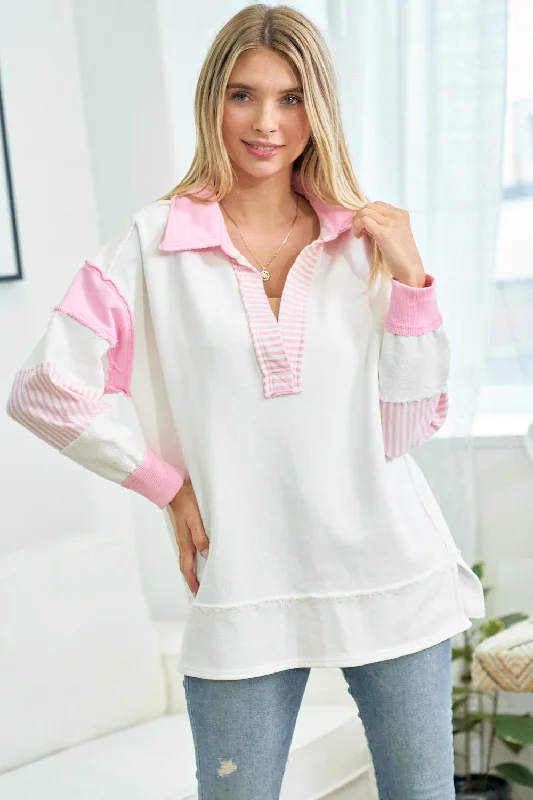 Pink Colorblock Stripe Collared Sweater Hoodie with Drawcord Adjustable Secure