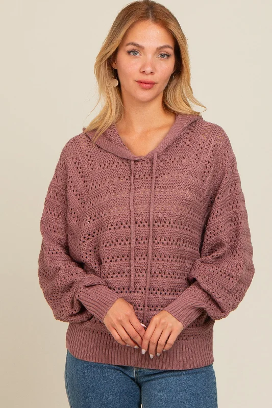Plum Pointelle Knit Sweater Hoodie with Raw Hem Edgy Unfinished