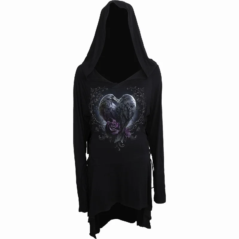 RAVEN HEART - Black Widow Gothic Hooded Dress Hoodie with Strings Custom Fit Adjustable RAVEN HEART - Black Widow Gothic Hooded Dress Hoodie with Strings Custom Fit Adjustable