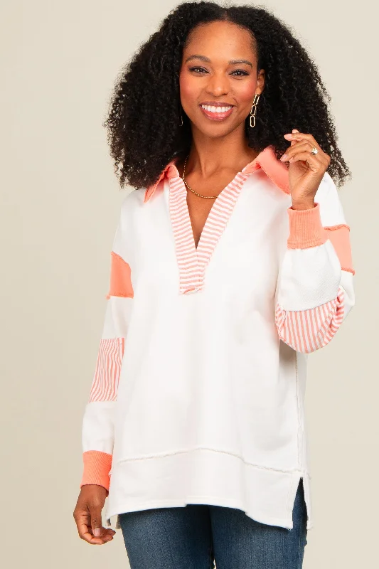 Salmon Striped Colorblock Polo Top Hoodie with Hidden Zipper Minimalist Clean