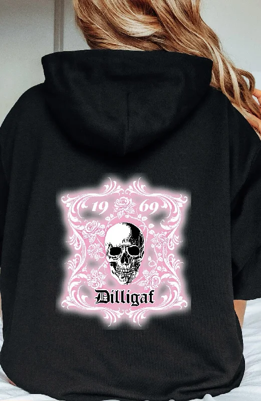 Smokey Pink Rose Skull Pullover Hoodie Hoodie with Fur Luxurious Winter