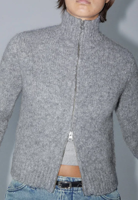 Stadium Zip Knit Cardigan - Grey Hoodie with Applique Textured Unique