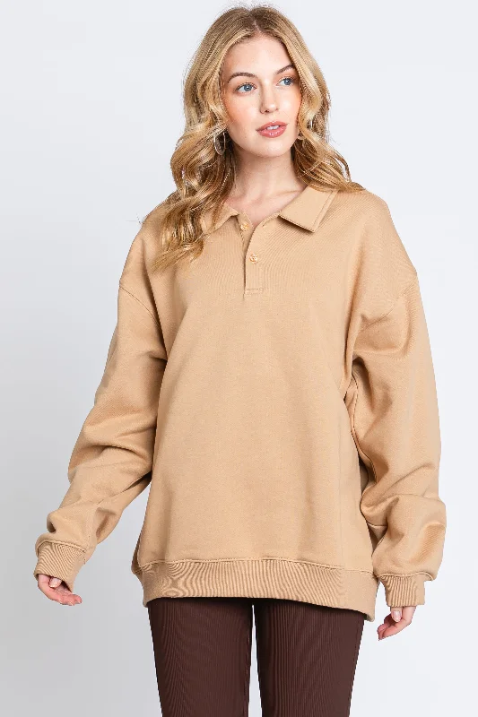 Taupe Collared Pullover Sweatshirt Oversized Hoodie Comfort Casual