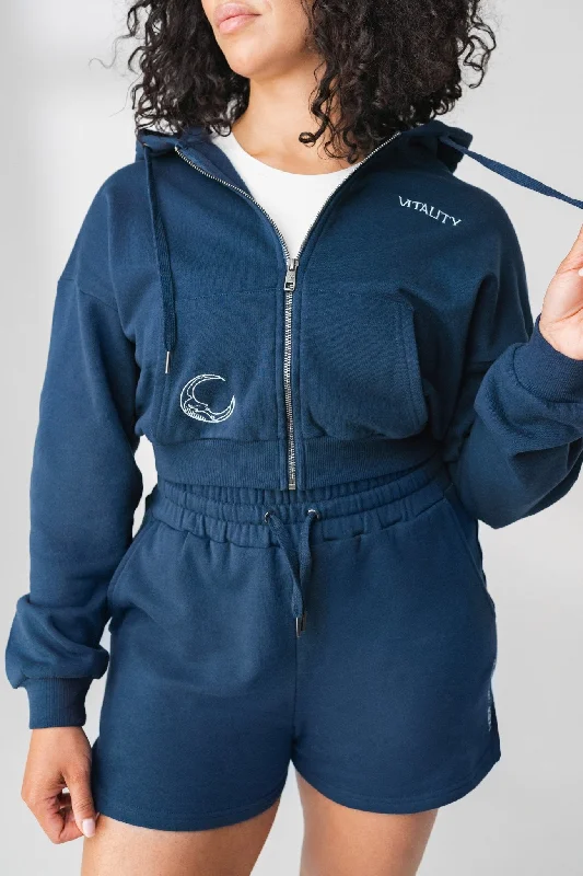 The Mantra Zip - Navy - Moon Hoodie with Ribbed Hem Stretchable Secure