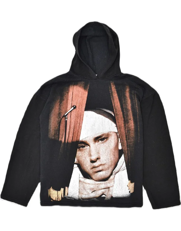 VINTAGE Mens Eminem Band Tour Hoodie Jumper 2XL Black Cotton 90s Hoodie with Hem Applique Textured Unique
