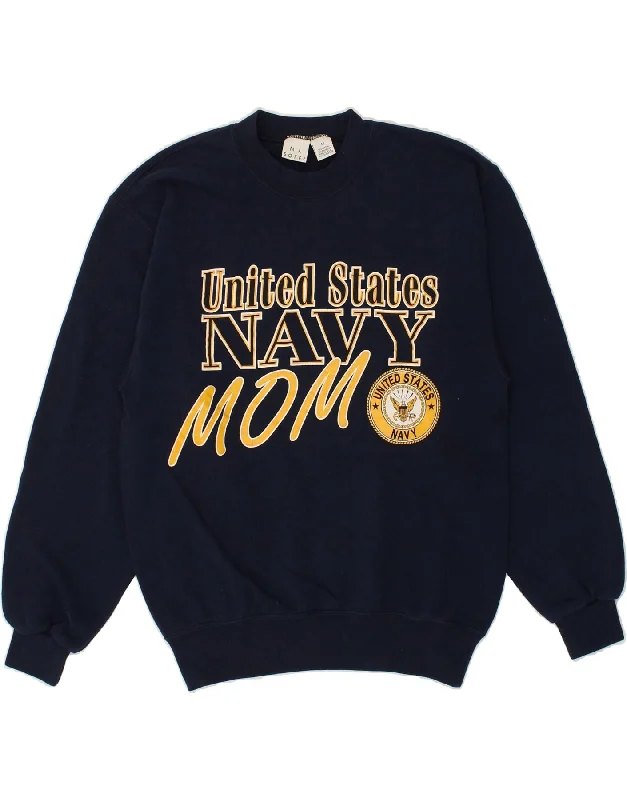 VINTAGE Mens Graphic Sweatshirt Jumper Medium Navy Blue Cotton Hoodie with Velcro Closure Adjustable Secure