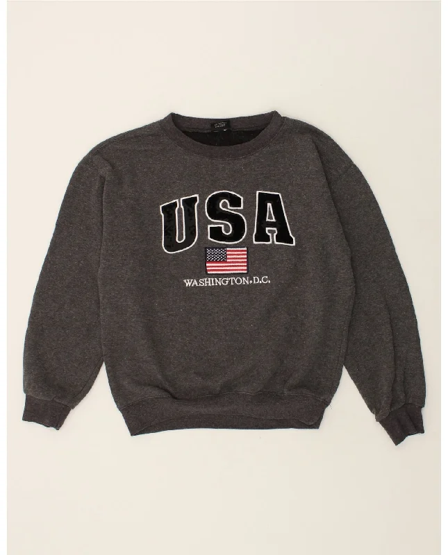 VINTAGE Mens USA Graphic Sweatshirt Jumper Medium Grey Hoodie with Lace Feminine Delicate