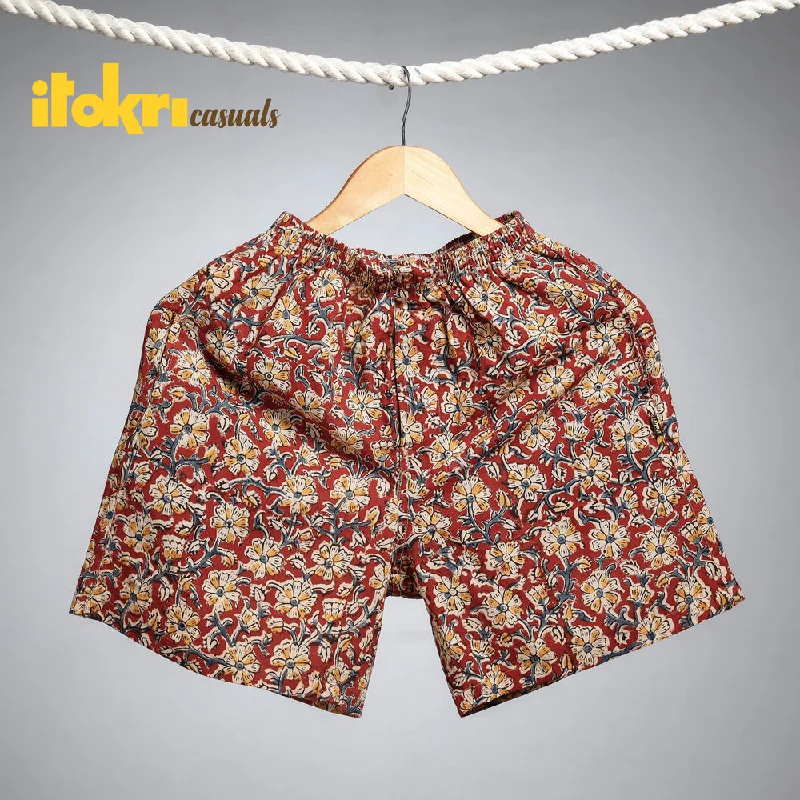 Red - Kalamkari Block Printing Cotton Unisex Boxer/Shorts Soft Knit Lounge Shorts