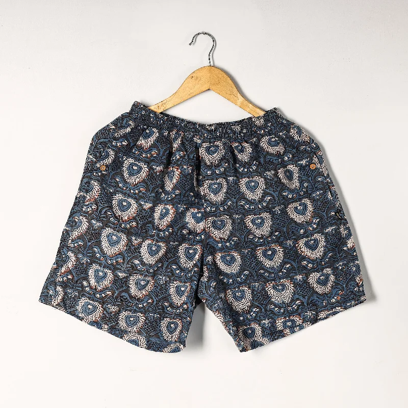 Blue - Bagru Block Printed Cotton Unisex Boxer/Shorts Lace-Trimmed Shorts