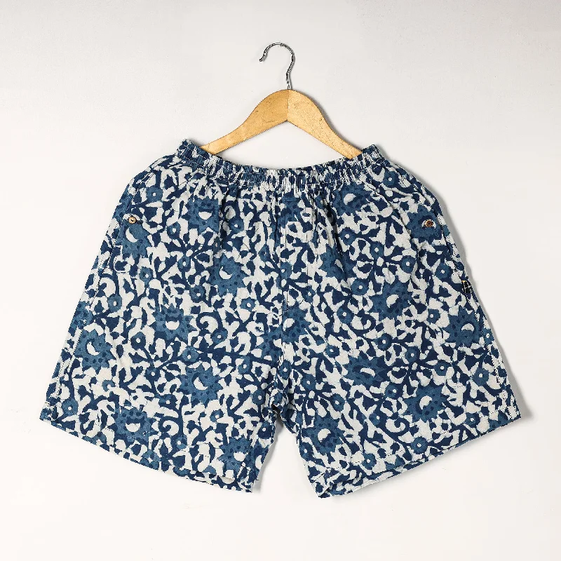 Blue - Bagru Block Printed Cotton Unisex Boxer/Shorts Fun Printed Shorts