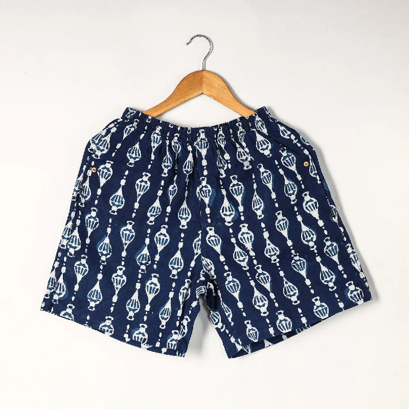 Blue - Indigo Block Printed Cotton Unisex Boxer/Shorts Flirty Wrap Shorts