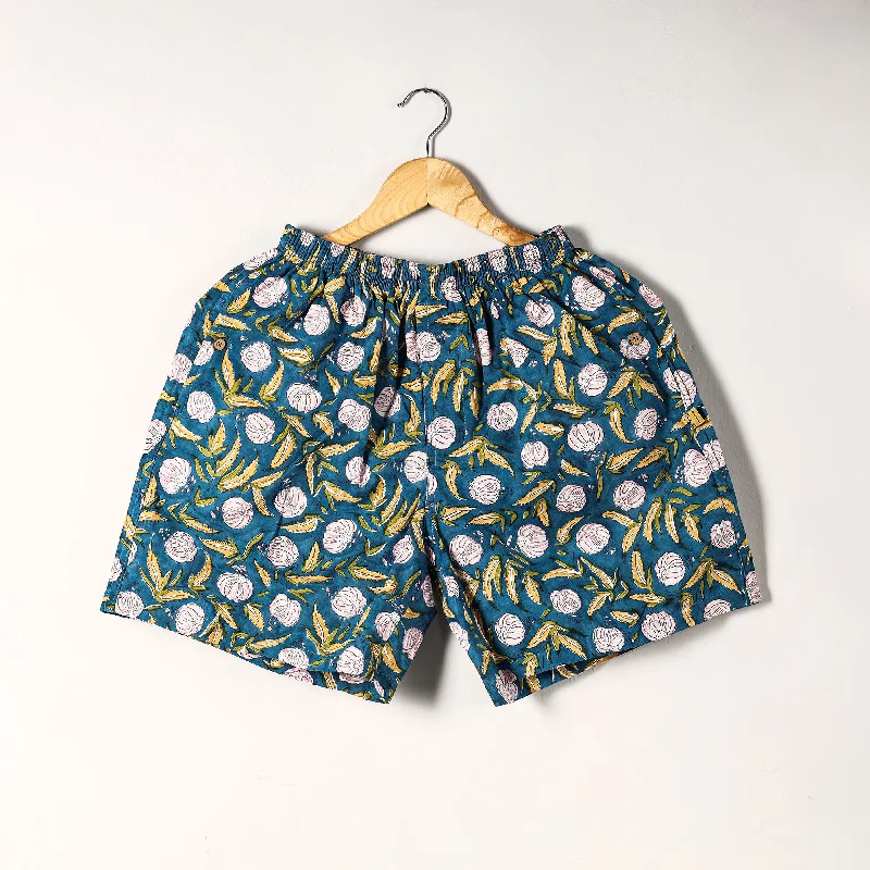 Blue - Sanganeri Block Printed Cotton Unisex Boxer/Shorts Striped Summer Shorts