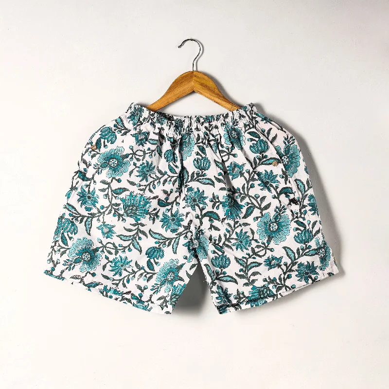 White - Sanganeri Block Printed Cotton Unisex Boxer/Shorts Vintage High-Rise Shorts