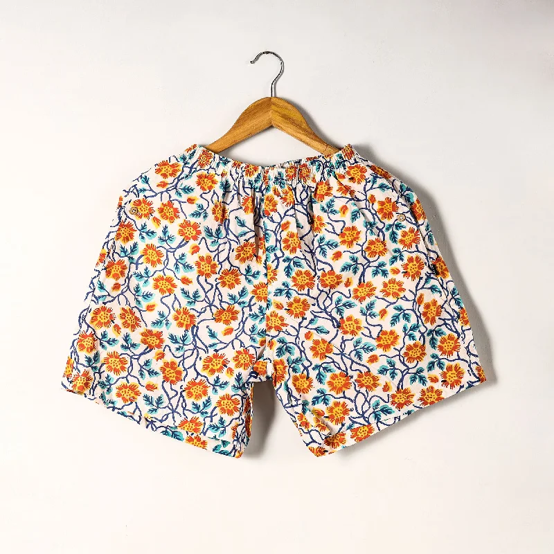 White - Sanganeri Block Printed Cotton Unisex Boxer/Shorts Printed Cotton Shorts