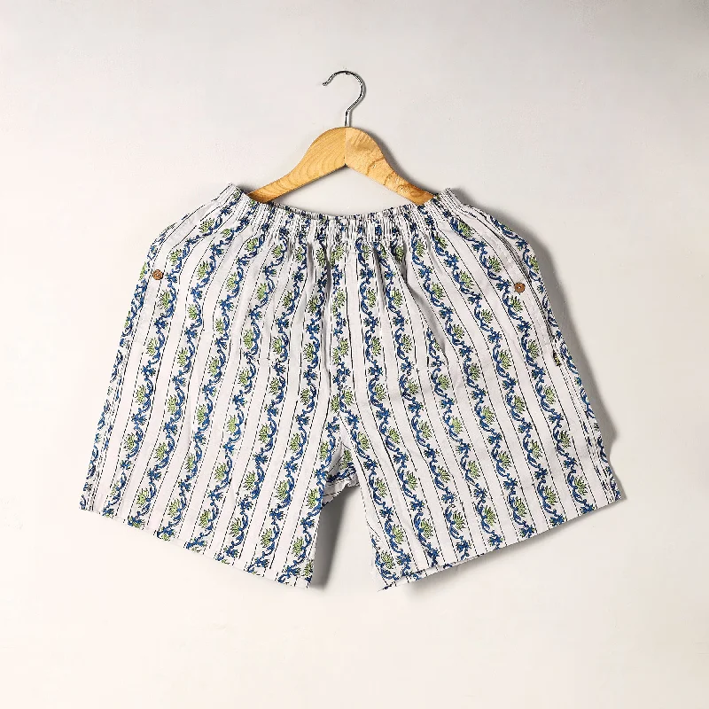 White - Sanganeri Block Printed Cotton Unisex Boxer/Shorts Cropped Tailored Shorts