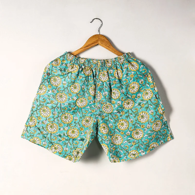 Green - Sanganeri Block Printed Cotton Unisex Boxer/Shorts Ripped Jean Shorts