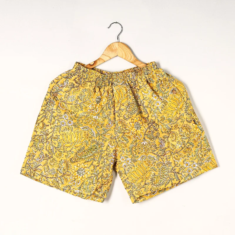 Yellow - Sanganeri Block Printed Cotton Unisex Boxer/Shorts Comfortable Lounge Shorts