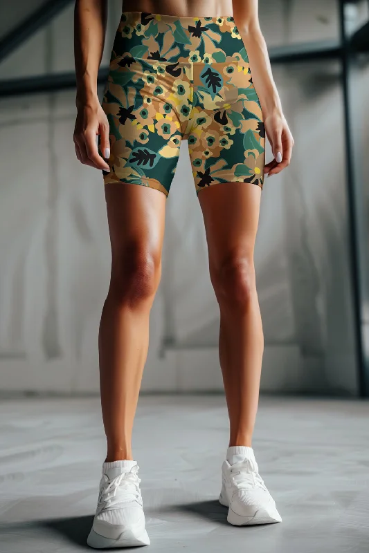 Admiration Karen Brown Floral Leaf Print Gym Yoga Biker Shorts - Women Breathable Workout Shorts