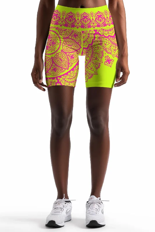 Blossom Nirvana Karen Yellow Pink Boho Print Yoga Biker Shorts - Women Lightweight Workout Shorts