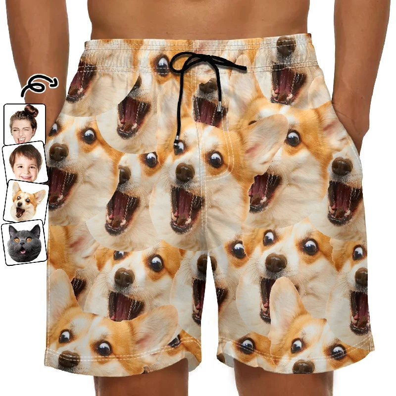 Custom Photo Funny Family Pet Face Pattern - Gift For Men, Dog And Cat Lovers, Family - Personalized Unisex Beach Shorts Bold Neon Shorts