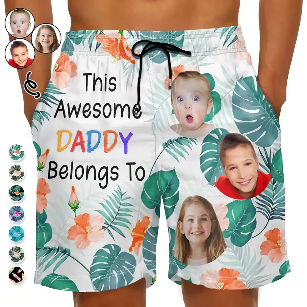 Custom Photo This Awesome Daddy Papa Belongs To - Personalized Unisex Beach Shorts Stretchy Yoga Shorts