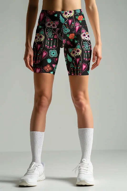 FangTastic Karen Black Cat Halloween Printed Yoga Biker Shorts - Women Active Gym Shorts