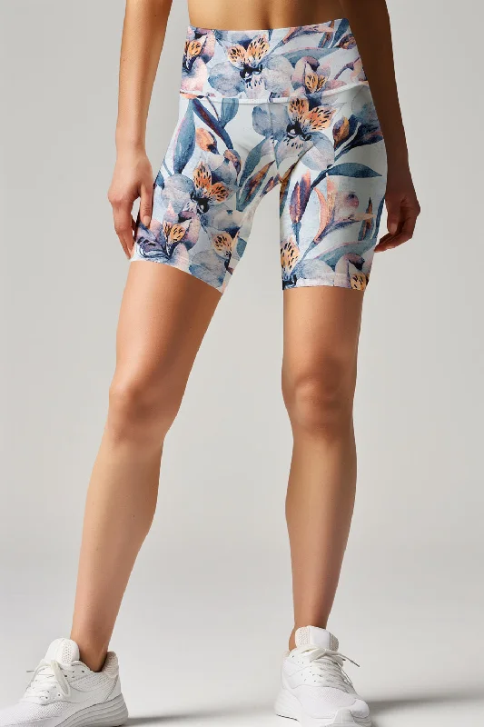 Florescence Karen Blue Floral Print Running Yoga Biker Shorts - Women Loose Fit Shorts